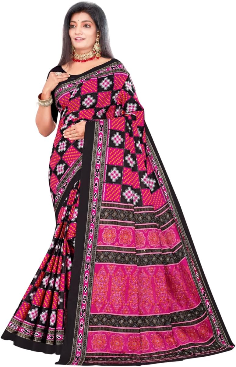 GenericWomen Ethnic Odisha Sambalpuri Printed Pure Cotton Saree (Pink)