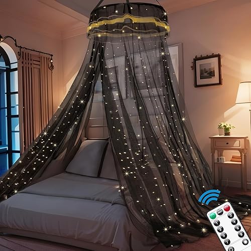 Black Bed Canopy, Elegant Bed Canopy Netting Mosquito Net, Romantic w/300 LED Dimmable Fairy Lights, Round Hoop Home Decor for Full, Queen Bed