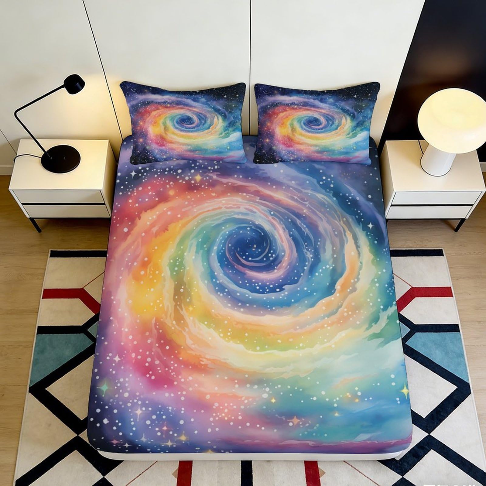 3D Printed Galaxy Starry Sky Fitted Sheet Microfiber Colourful Cosmic Nebula Mattress Cover Non Slip Machine Washable Bedroom Decor 160x200x25cm