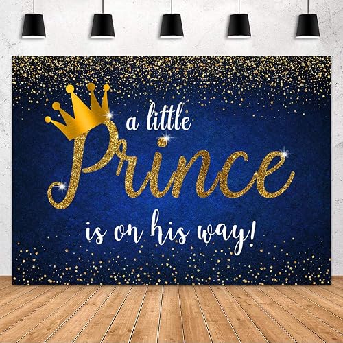 MOHOFOND Prince Baby Shower Decoration Backdrop Royal Blue Gold Crown for Boy Baby Shower Party Photography Background A Little Prince is On His Way Banner Cake Table Studio Photo Props 7x5ft