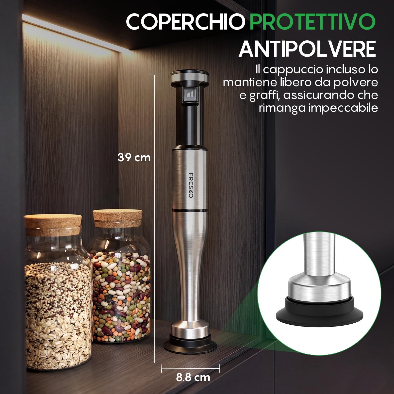 FRESKO Frullatore a Immersione 1000W, Velocità Regolabile, Frullatore in Acciaio Inox con Protezione per Pentole, 4 Accessori, Frullatore Manuale per Alimenti per Bambini, Zuppe, Smoothies