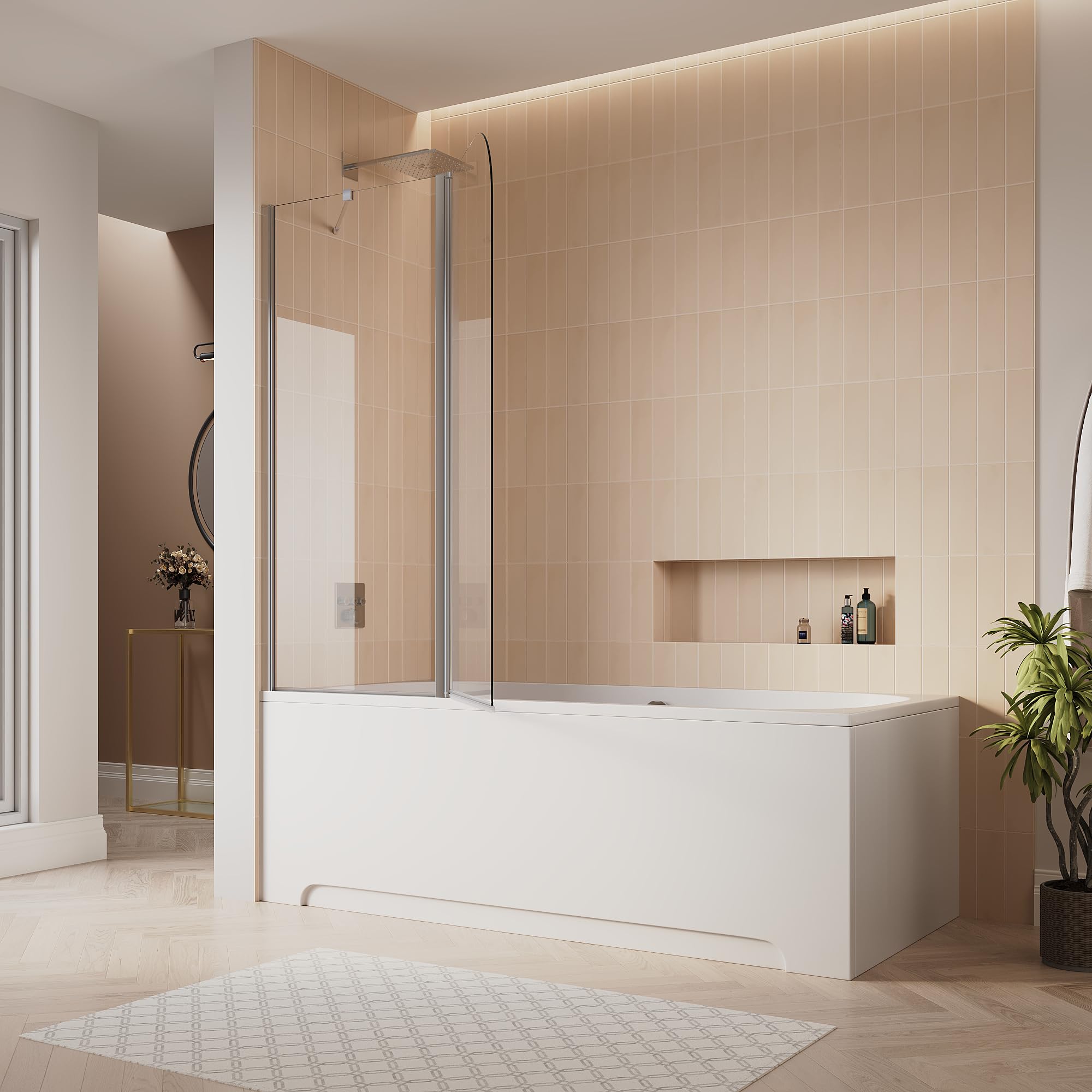 SIRHONA paroi de baignoire 120x140cm, aluminium argenté brillant, paroi de douche rabattable et orientable à 180°, montage à droite ou à gauche, verre trempé 6mm
