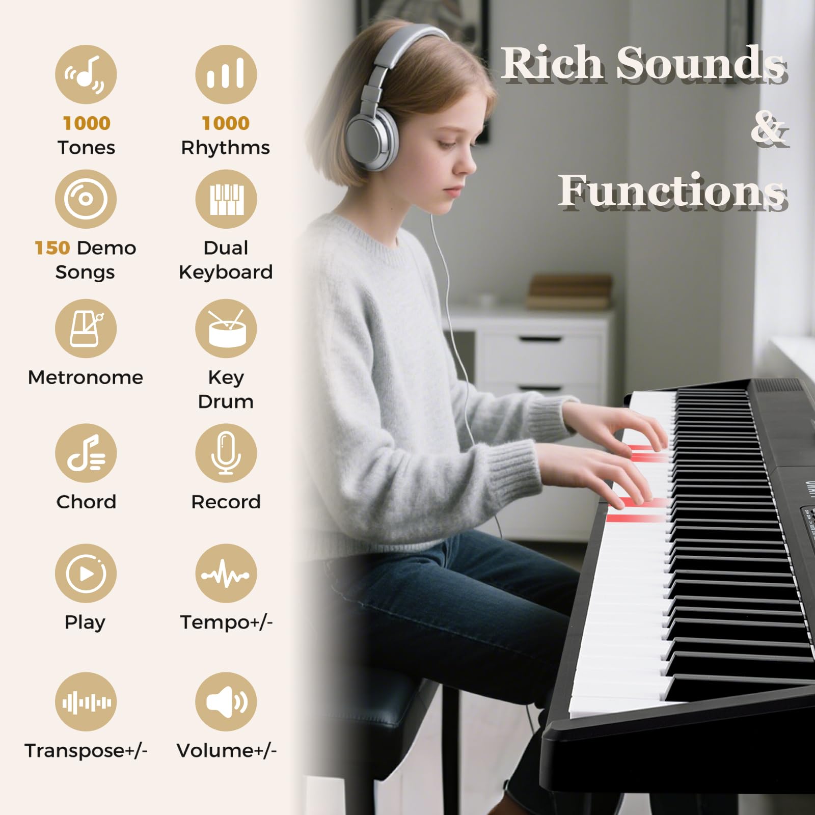 KOMFOTTEU Piano Numérique 88 Touches, 1000 Sons, 1000 Rythmes & 150 Chansons de Démonstration, Clavier de Piano Électroniques avec Microphone, Pianos Numériques pliables, Double Clavier, noir
