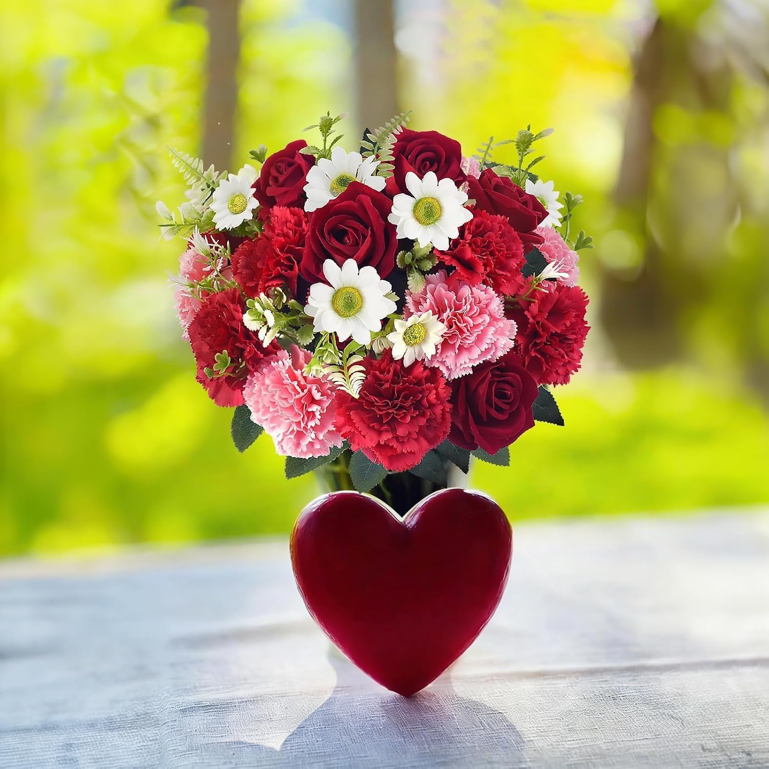 HUAESIN Artificial Valentine Flowers Pink Red Valentines Bouquet with Silk Carnations Velvet Roses Valentines Day Decor Flower Arrangements for Cemetery Grave Home Decor Table Centerpieces