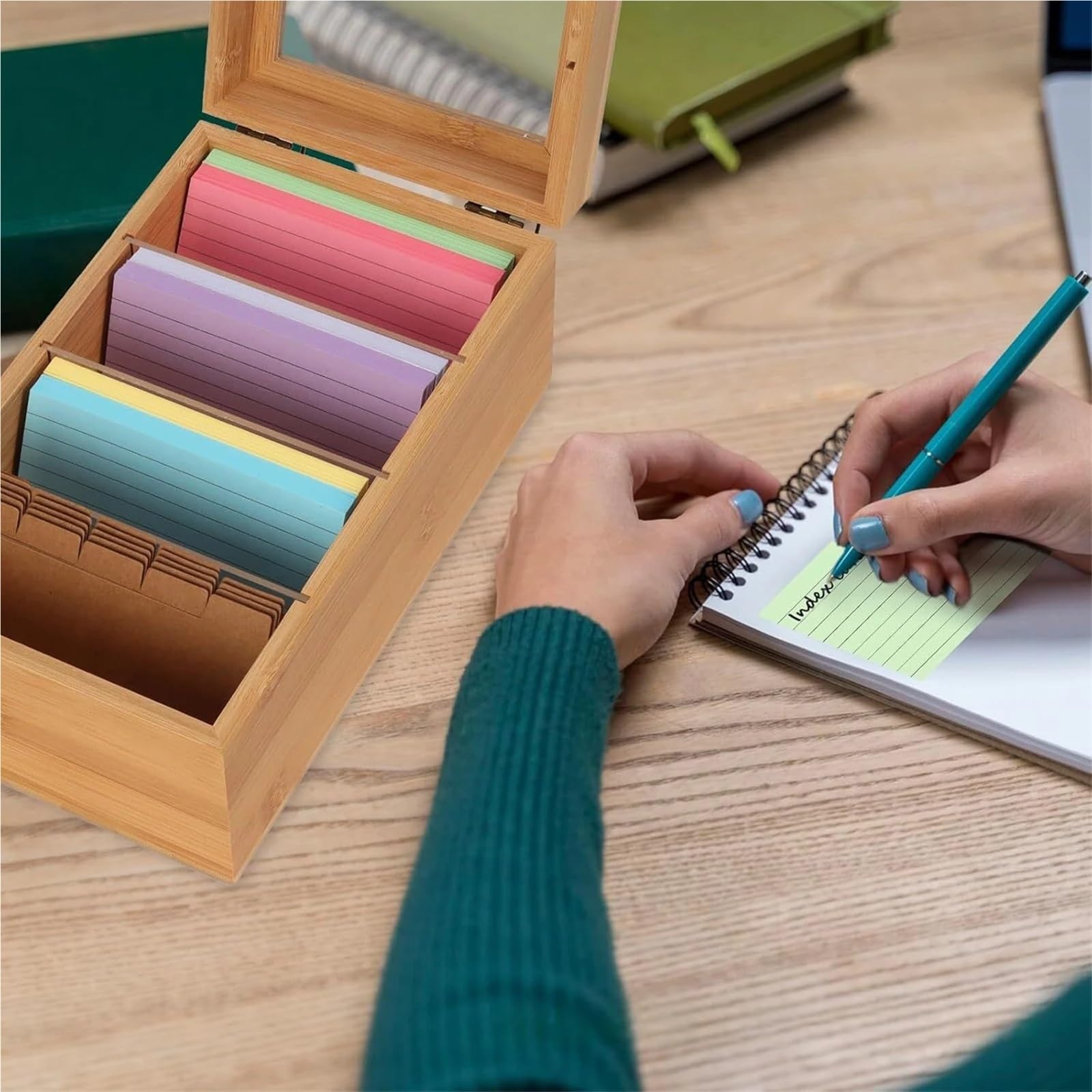 Organizador de escritorio para notas adhesivas, 2 unidades, caja organizadora de tarjetas de recetas de madera con tapa para almacenamiento de escritorio para ahorrar espacio