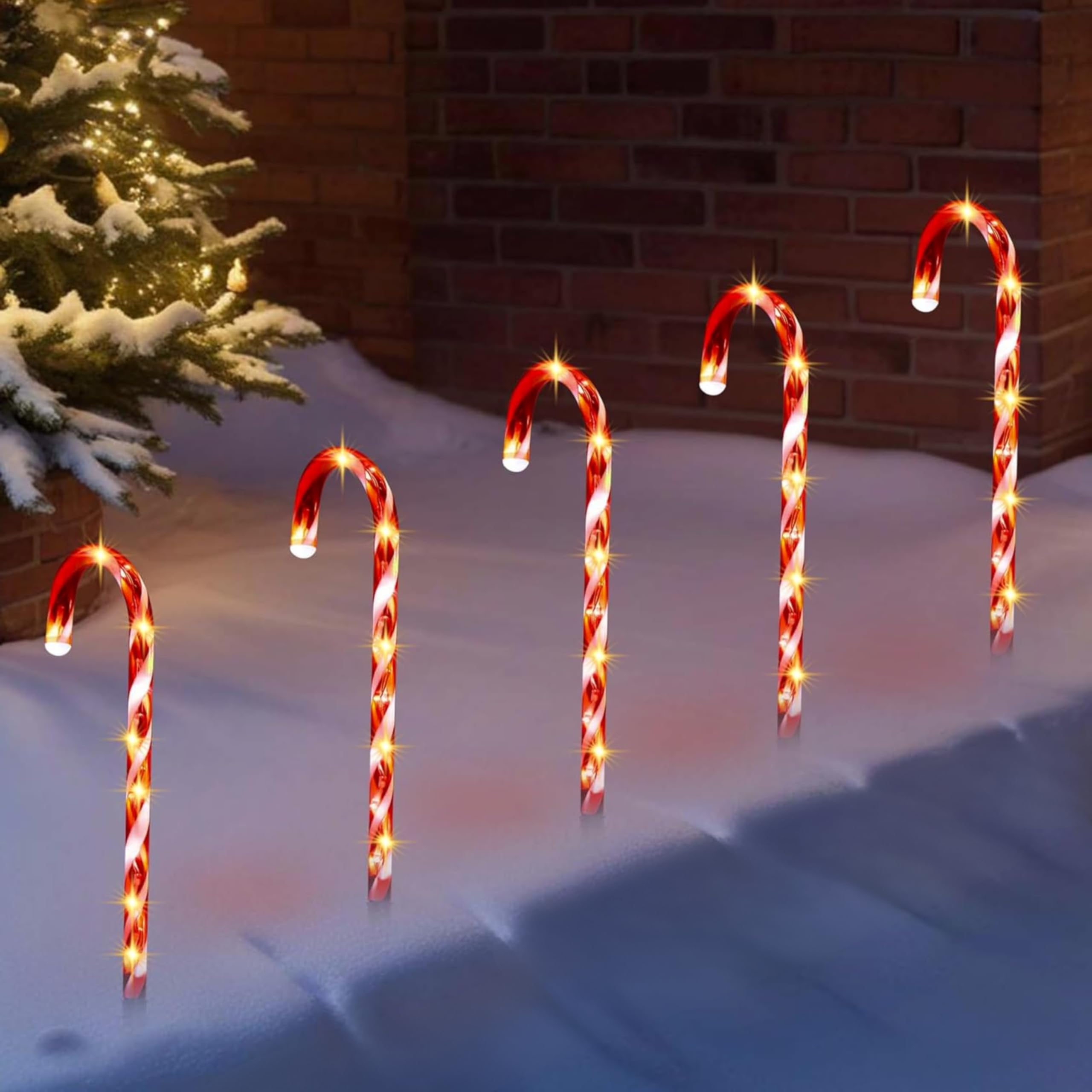 ALAYSTAR Christmas Candy Cane Pathway LED Lights with Timer Battery Powered Outdoor Xmas Holiday Garden Decor Weather-Resistant Xmas Driveway Stakes Festive Outdoor Decoration (5 PK WARM WHITE)