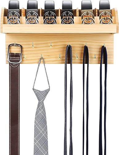 Livoccur Caja organizadora de cinturón, soporte para cinturón para montaje en pared de armario con 6 compartimentos y 11 ganchos, organizador de