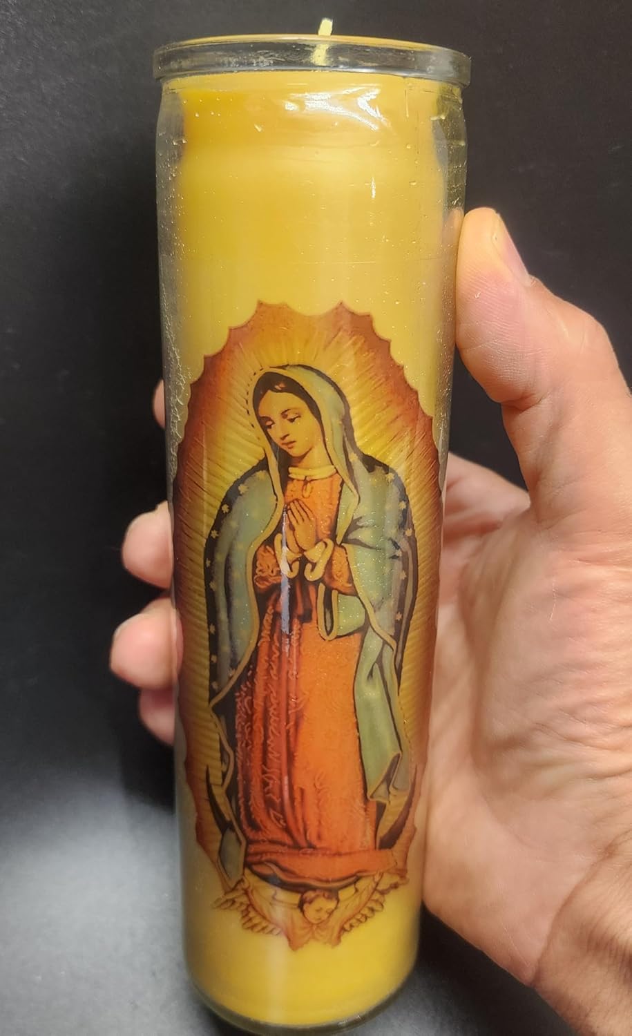 100% USA Quality Authentic Beeswax Devotional Candle, Our Lady of Guadalupe Glass Prayer Candle, 8" H x 2.25" W, 100 Hours Burning time.