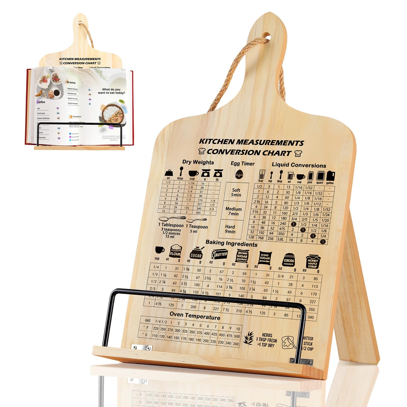 comfoyar Cookbook Stand for Kitchen, Wooden Recipe Book Holder with Measurement Conversion Chart for Baking, Foldable Cook Book Stand for Display Reading, Hangable, Gifts for Women Mom Wife Friends