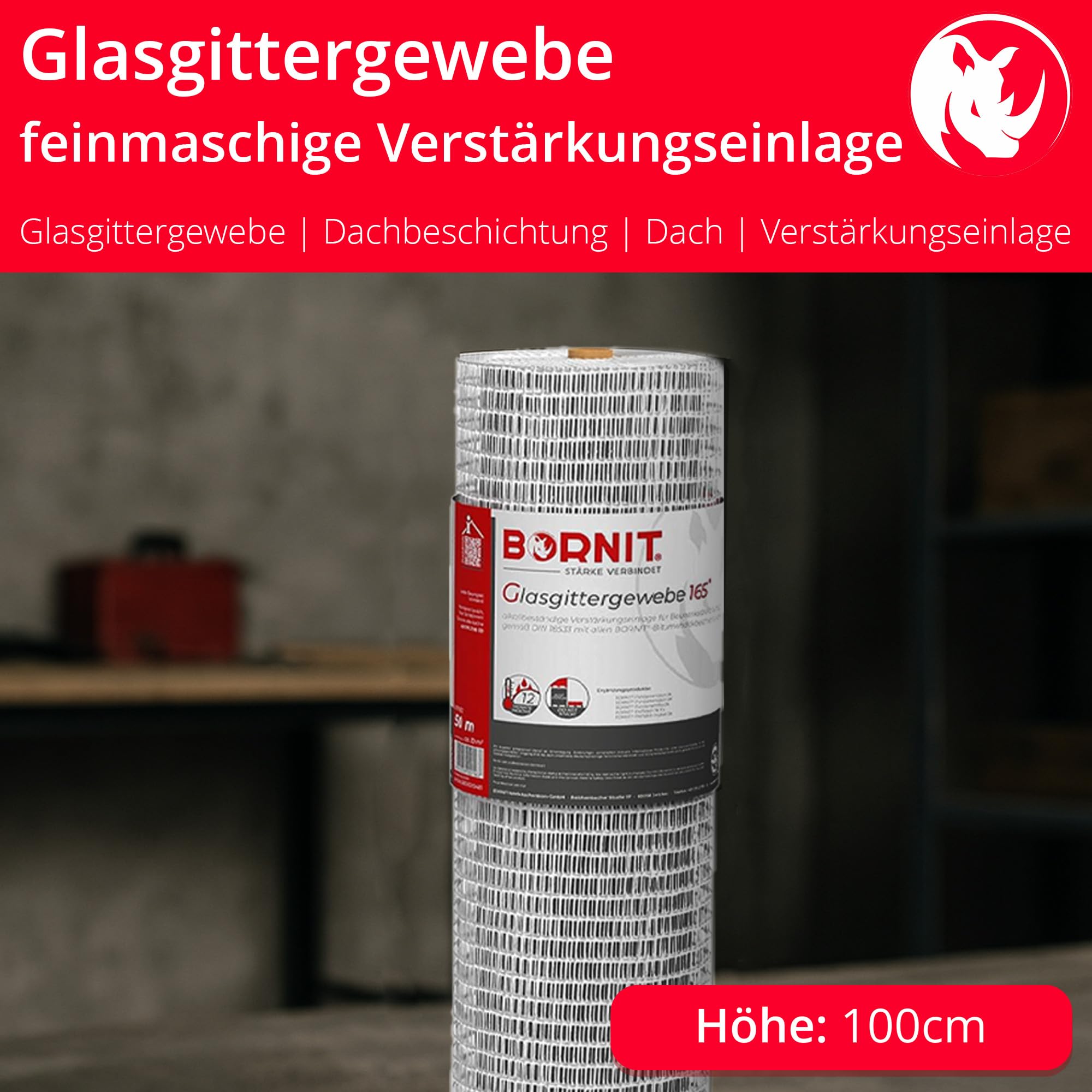 BORNIT Glasgittergewebe 50mx1m Alkalibeständiges Glasfaser Armierungsgewebe | für Bauwerksabdichtungen und Renovierungen, Verstärkungseinlage nach ETAG 004