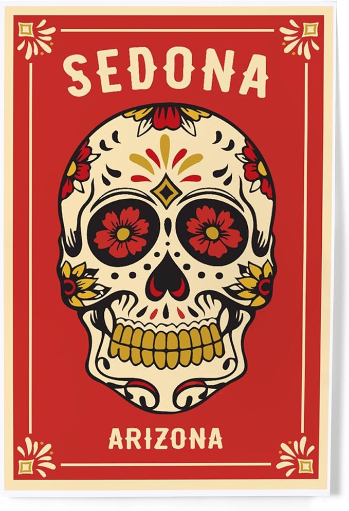 Lantern Press 8x12 Art Print, Sedona, Arizona, Day of the Dead, Sugar Skull and Flower