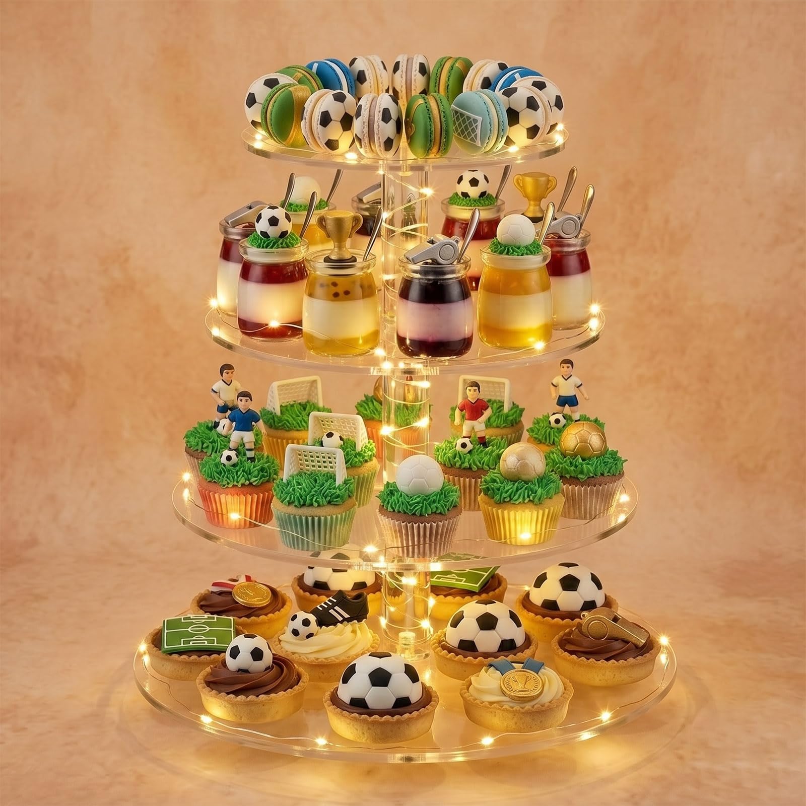 powerking 4 Tier Cupcake Stand，Acrylic Round Cake Holder Tree Tower with LED String Light，Clear Dessert Table Display Set for Birthday, Bar,Weddings, Graduation，Anniversary and Parties Events