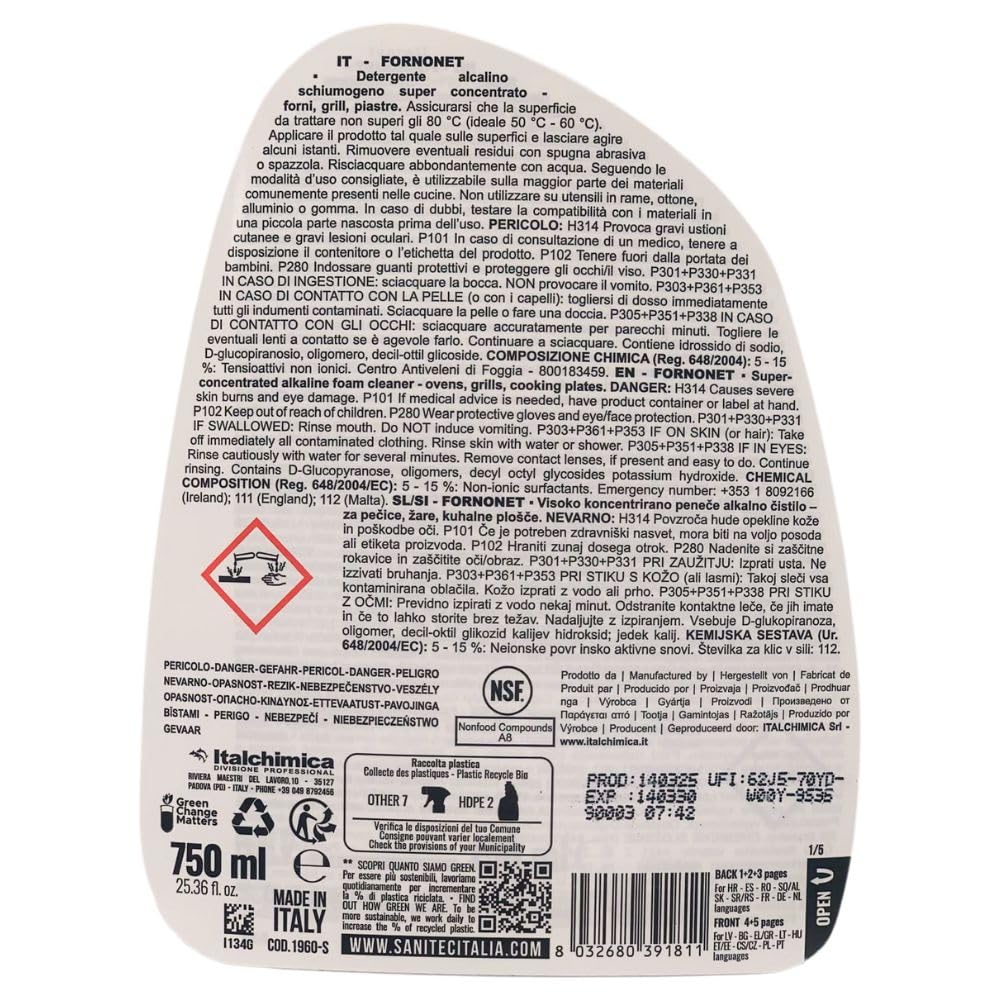 Fornonet, Detergente Alcalino Schiumogeno Super Concentrato per Forni, Grill e Piastre, Ideale per Togliere Residui di Grasso, Olio e Sporco di Cibo Bruciato, Flacone 750 ml (3 Unità)
