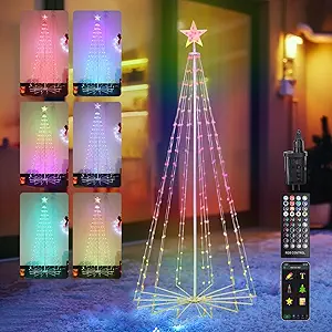 6ft Smart Lighted Christmas Tree 265 LED RGB Outdoor Christmas Cone Tree Music Sync Remote APP Control Timer Dimmable Artificial Xmas Tree for Porch Yard Patio Indoor Decoration