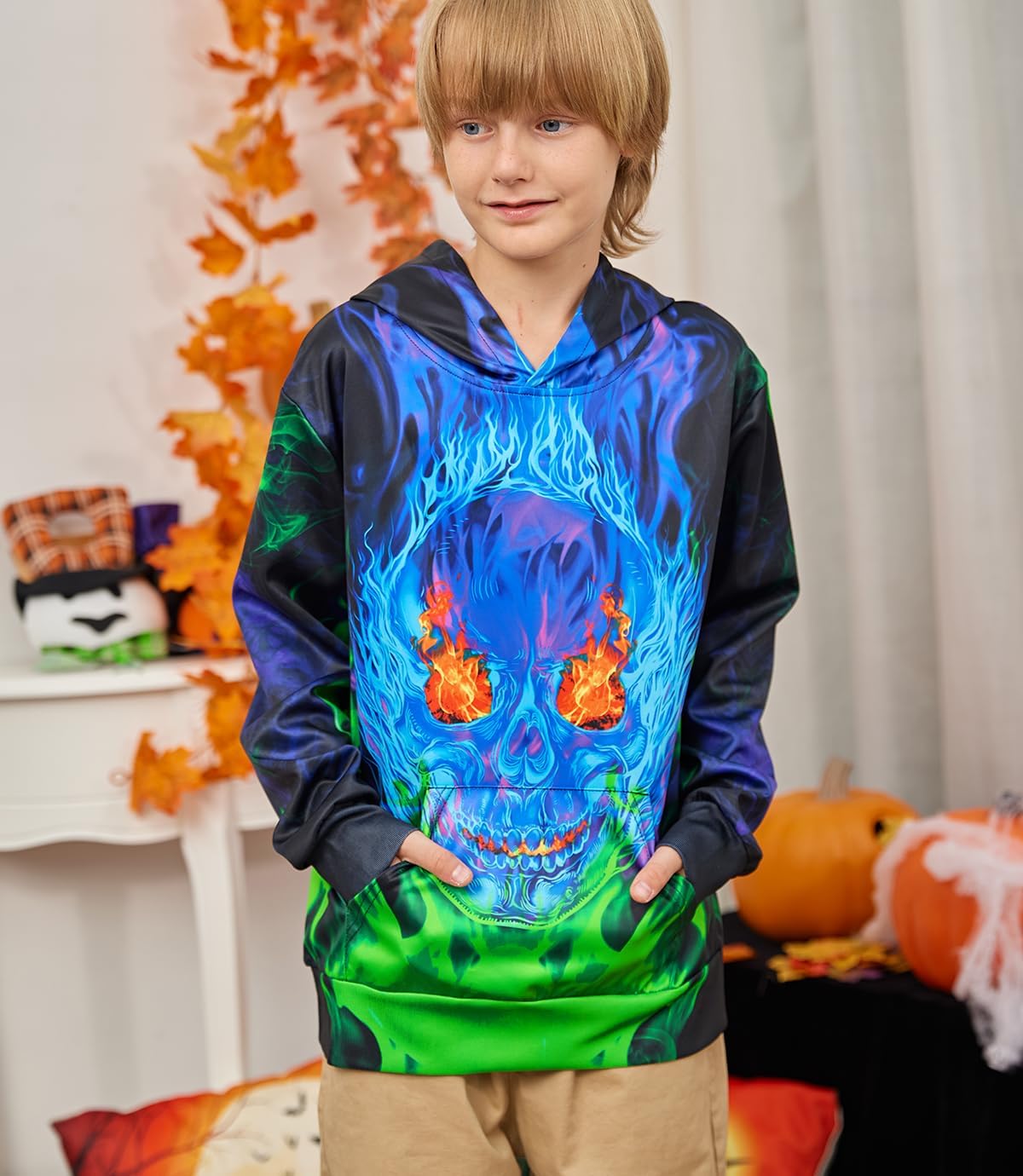 Ahegao Boys Hoodies Blue Purple Fire Sweatshirts for Kids Size 6 7 8 Years Pullover Comfy Long Sleeve Black Skull Hoody Sweats with Pockets - Image 2