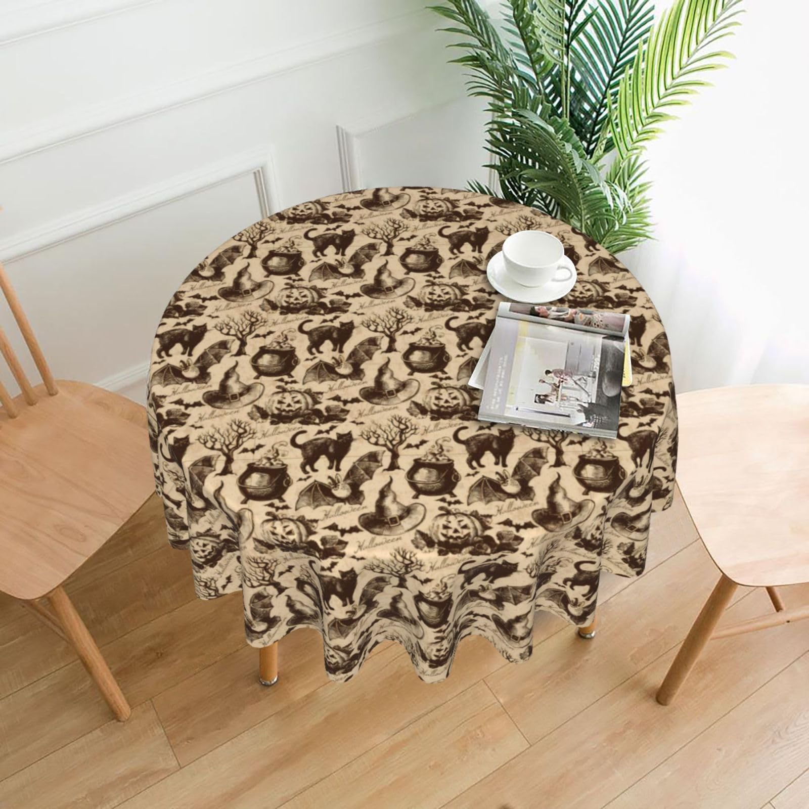 YYHHAOFA Witch Hat Prints Round Decorative Tablecloth 60in - High-Grade Polyester Throw for Dining Tables, Parties, & Outdoor Events