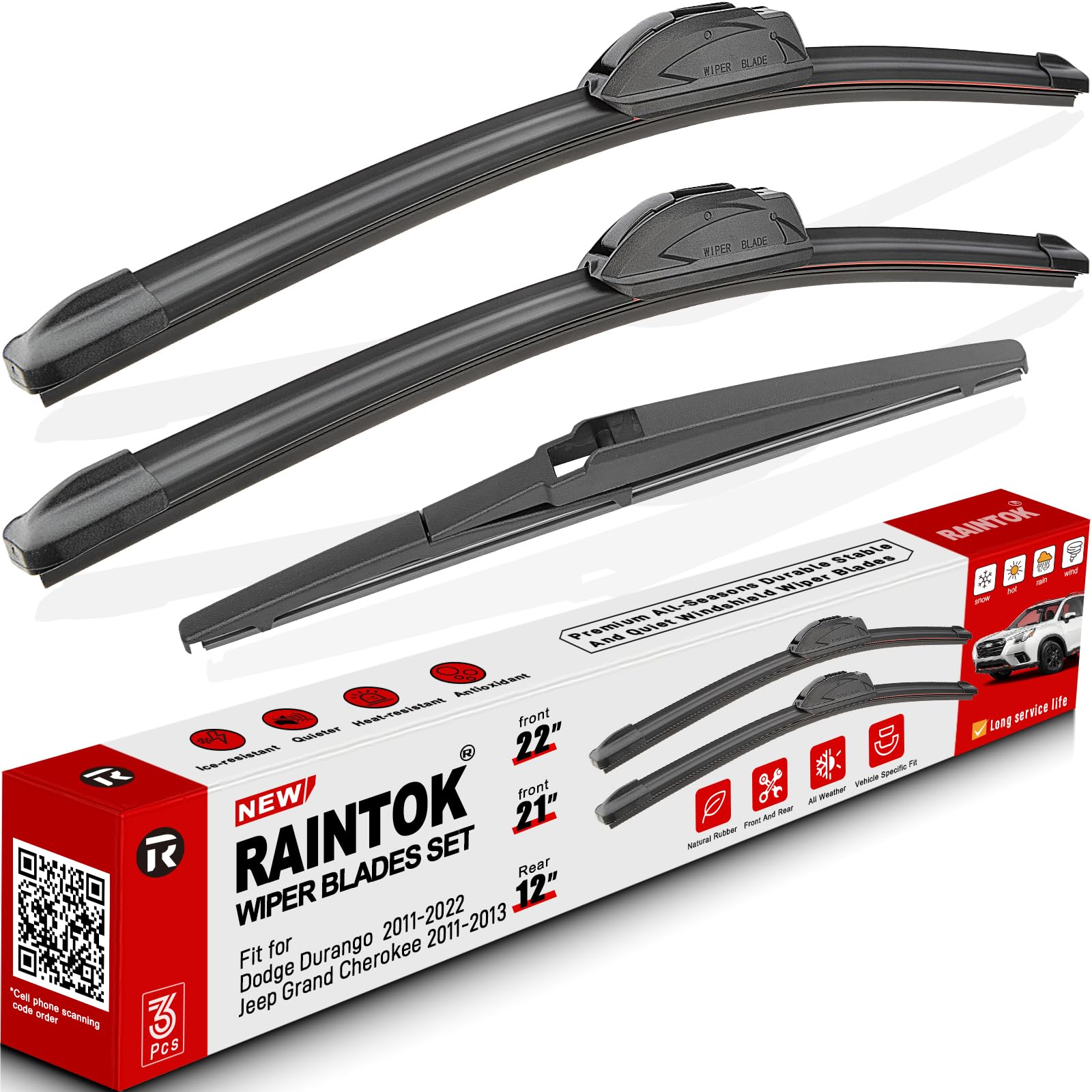 RAINTOK Windshield Wiper Blades Replacement for 2011-2022 Dodge Durango / 2011-2013 Jeep Grand Cherokee Original Factory Quality Front Rear Wipers Blade Set for My Car - 22" 21" 12" (Pack of 3)