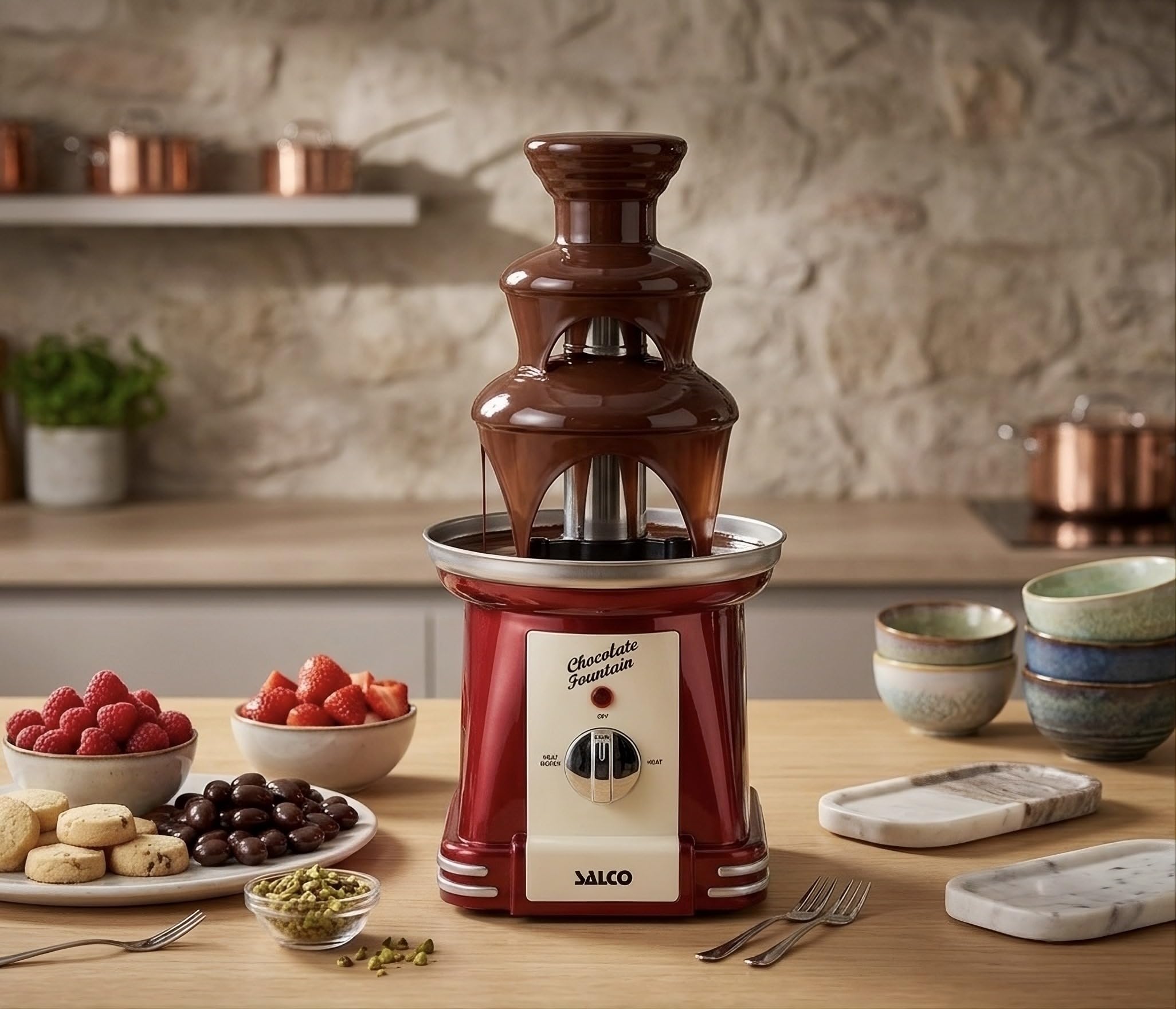 Salco Schokobrunnen | 3-stufiger Chocolate Fountain | Retro-Style | Edelstahl | Mit Wendelschnecke | 90 Watt | Perfekt für Früchte, Kekse & mehr | Leichte Reinigung | Metallic-Rot