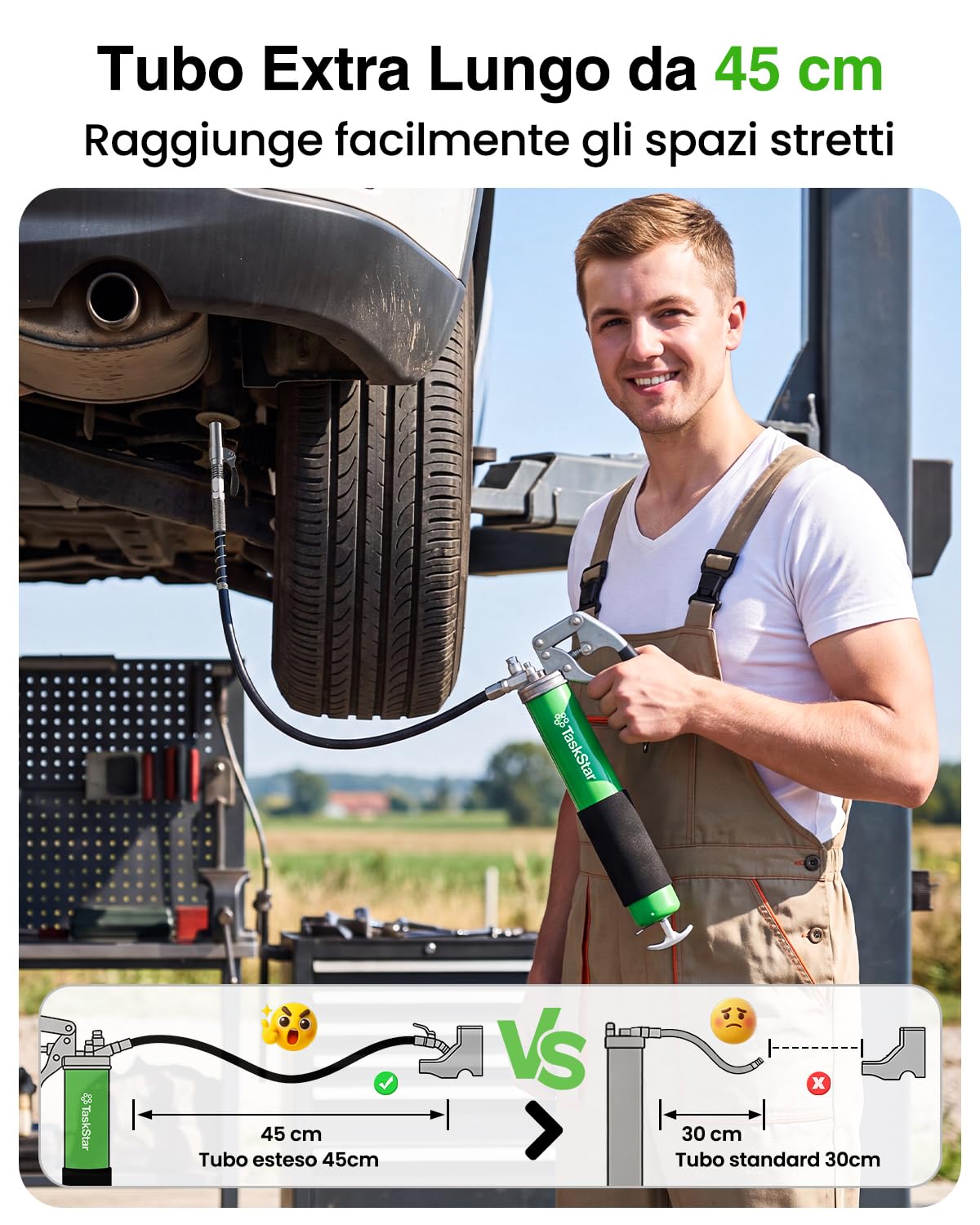 TaskStar Ingrassatore Manuale 8000 PSI, Tubo Flessibile 45cm, 5 raccordi | Capacità 400cc, Raccordo a sgancio rapido, Compatibile Cartucce e Grasso Sfuso, per Auto, Macchinari Agricoli e Officina