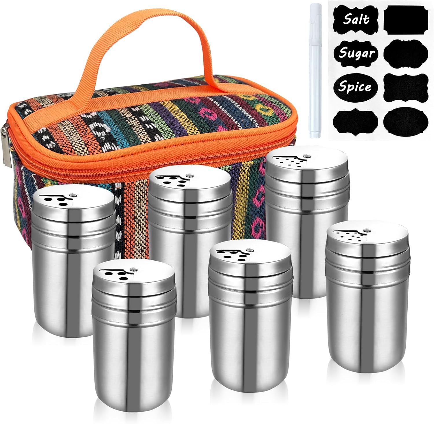 6Pcs Stainless Steel Spice Shaker, Camping Spice Kit with Travel Bag, Salt and Pepper Shakers Set For Salt Sugar Spice Dry Herb Spice, for Home or Outdoor Use