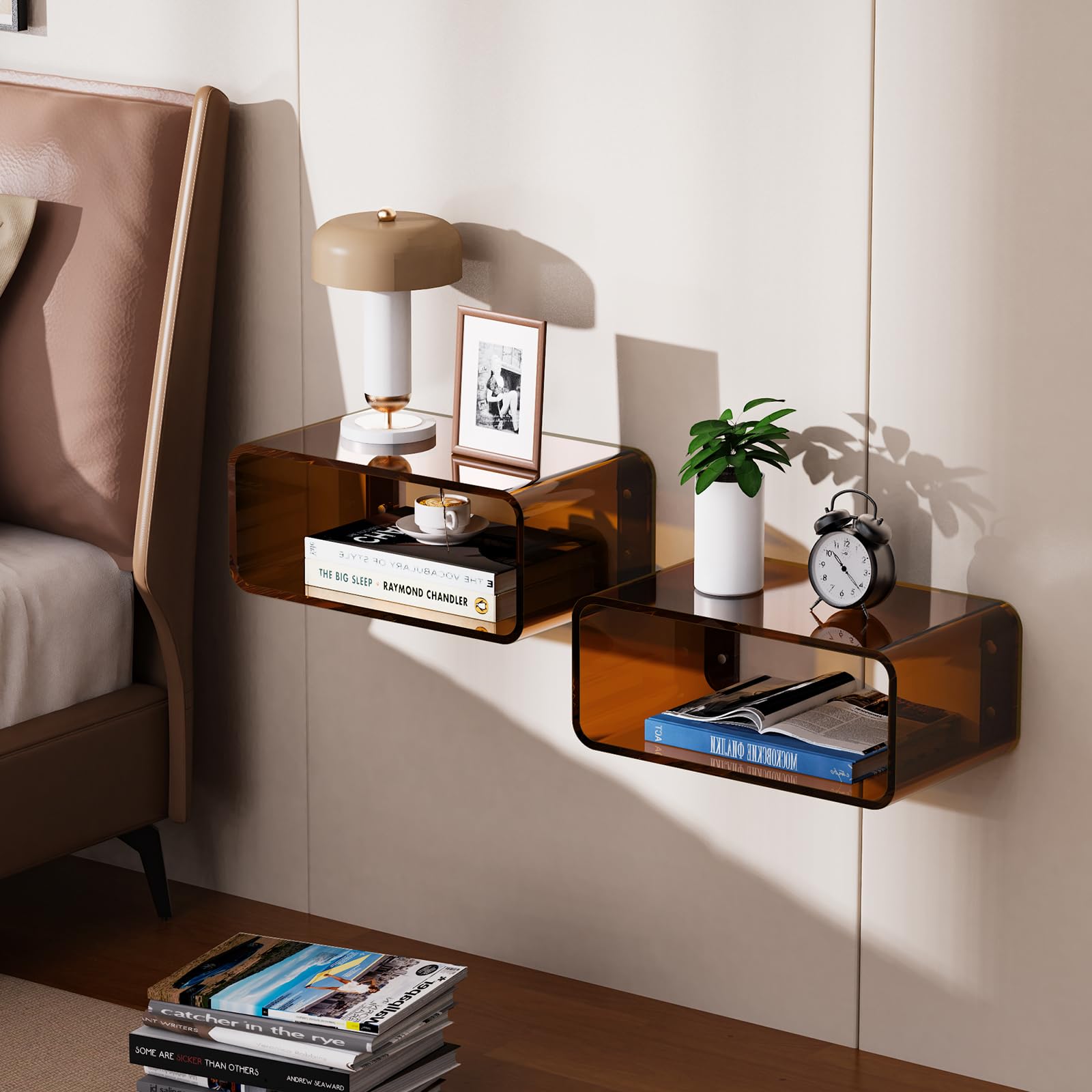 Comodino Sospeso in Acrilico (marrone scuro) | Comodino Galleggiante Mensola da Parete Design Moderno, Minimalista ed elegante