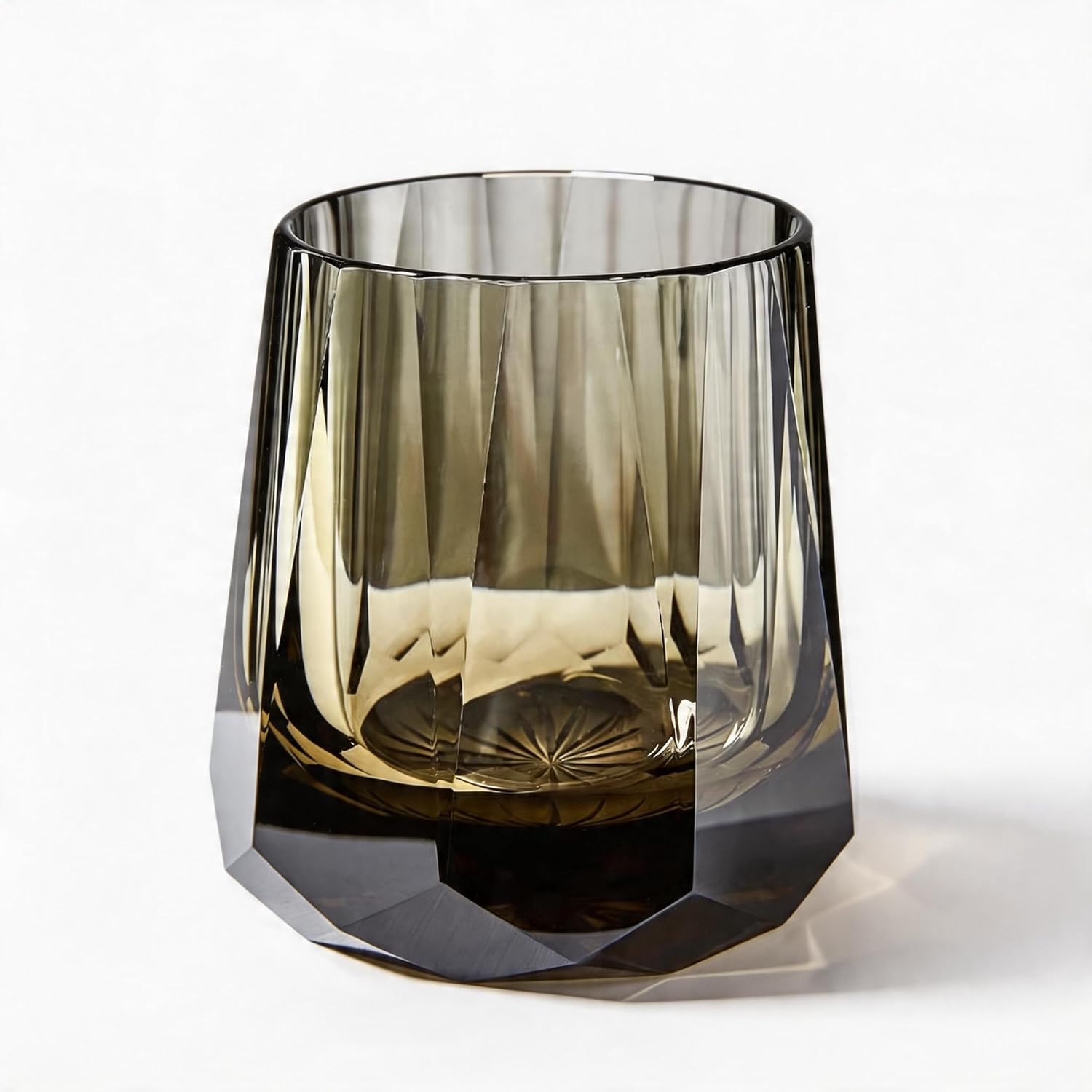 Smoky Grey K9 Crystal Whiskey Glass, Lead-Free Hand-Cut Diamond Faceted Tumbler, Heavy Base Rocks Glass for Scotch, Bourbon, Cocktails