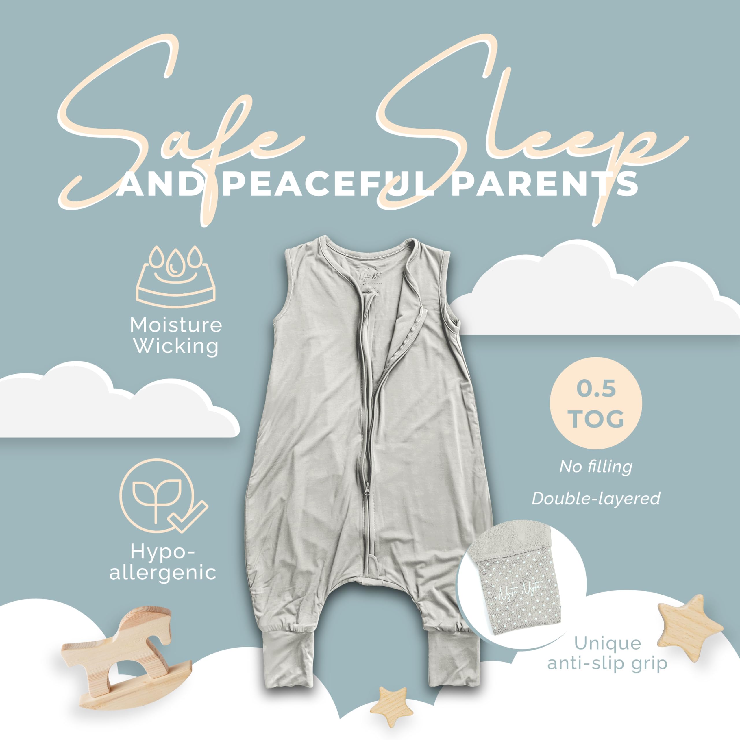 Nyte Nyte Baby - 0.5-TOG Bone, 12-18 Months Sleeveless Sleep Sack, Imported Baby & Toddler Sleeping Sack, Breathable Sleep Sack, Adjustable Feet Cuffs & Anti-Slip Grip