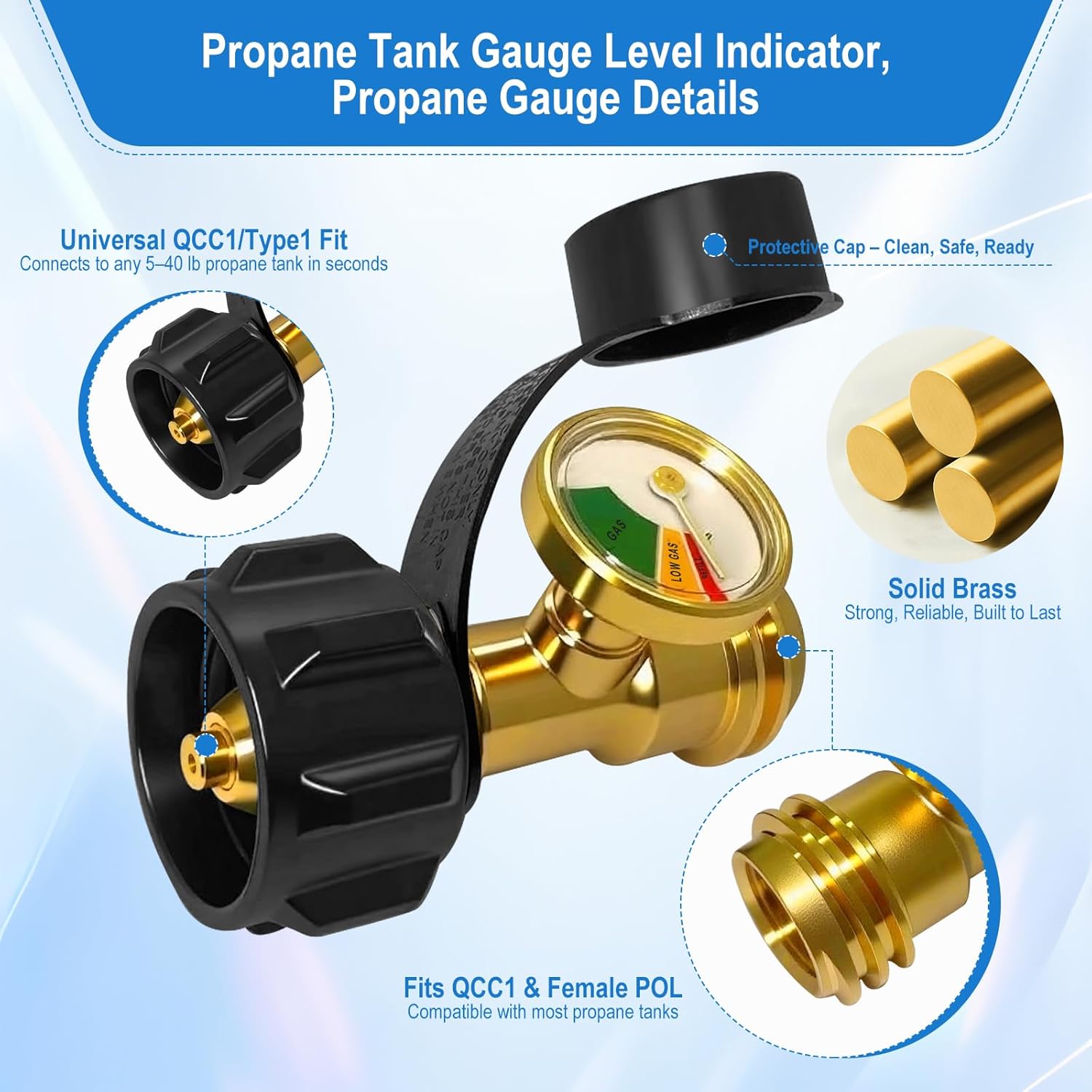 Propane Tank Gauge,Propane Tank Gauge Level Indicator,Universal Propane Gauge for 5-40 lb LP Tank,Color-Coded Gas Pressure Meter/Leak Detector QCC1/Type1,Easy to Read for BBQ,RV,Camper,Heater-2PCS