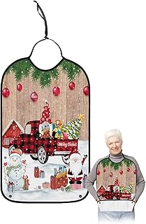 BOBOWUNY Christmas Red Plaid Truck Adult Bibs for Elder Women Men Eating, Gnomes Snowman Xmas Tree Wood Waterproof & Washable Bibs for Eating Clothing Protector Dining Bibs for Crumb Catcher