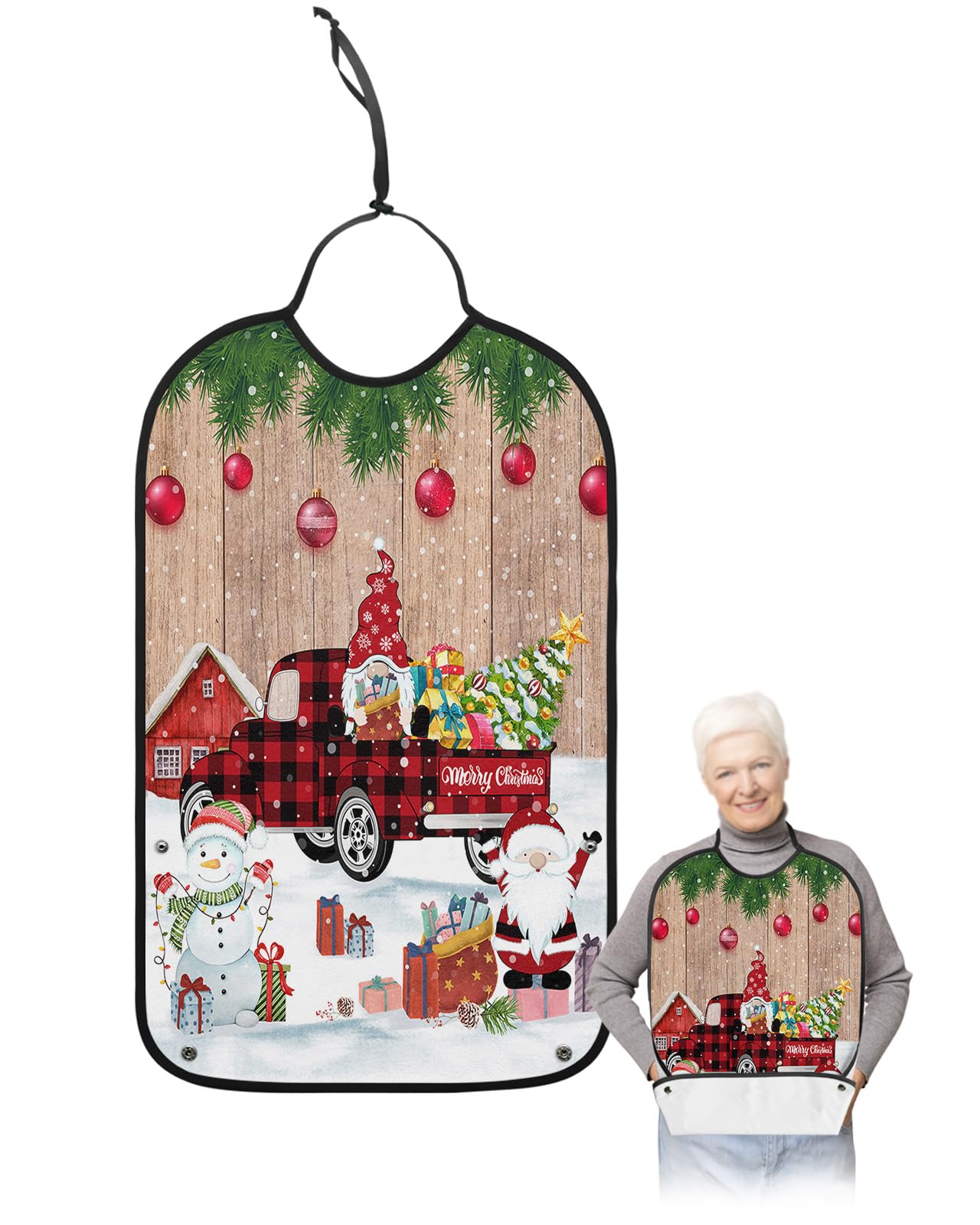 Christmas Red Plaid Truck Adult Bibs for Eating, Waterproof Bibs with Food Catcher & Adjustable Snap Closure, Snowman Xmas Tree Wood Washable Clothing Protectors Adult Bibs for Elderly Women/Men