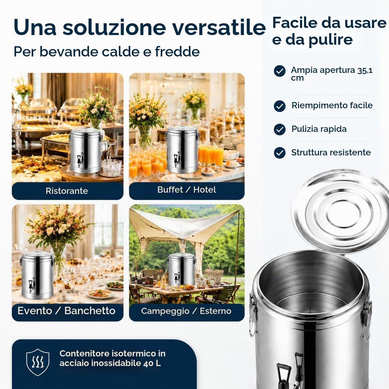 Contenitore termico per acqua in acciaio inox, 40 l, con rubinetto, in acciaio inox 201, isolamento da 18,5 mm, superficie lucidata, ideale per zuppe, stufati, tè e bevande calde