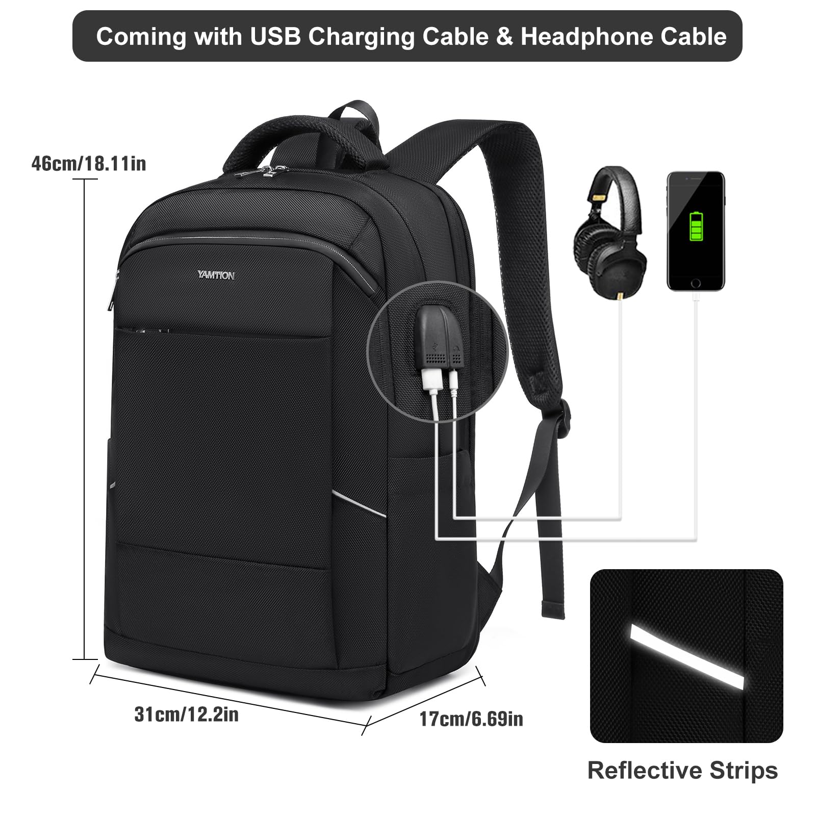 YAMTION Zaino Porta PC,Multitasche Zaino Uomo Impermeabile Borsa Notebook Zaino Università Lavoro Viaggio Ufficio,Zaino Scuola per Ragazzi Adolescenti,TSA Amichevole,Nero