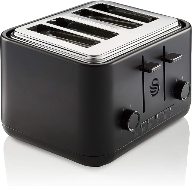 Swan Stealth 4 Slice Toaster, Cancel, Reheat and Defrost Settings, Black, Independent Browning Controls, ST34040BLKN