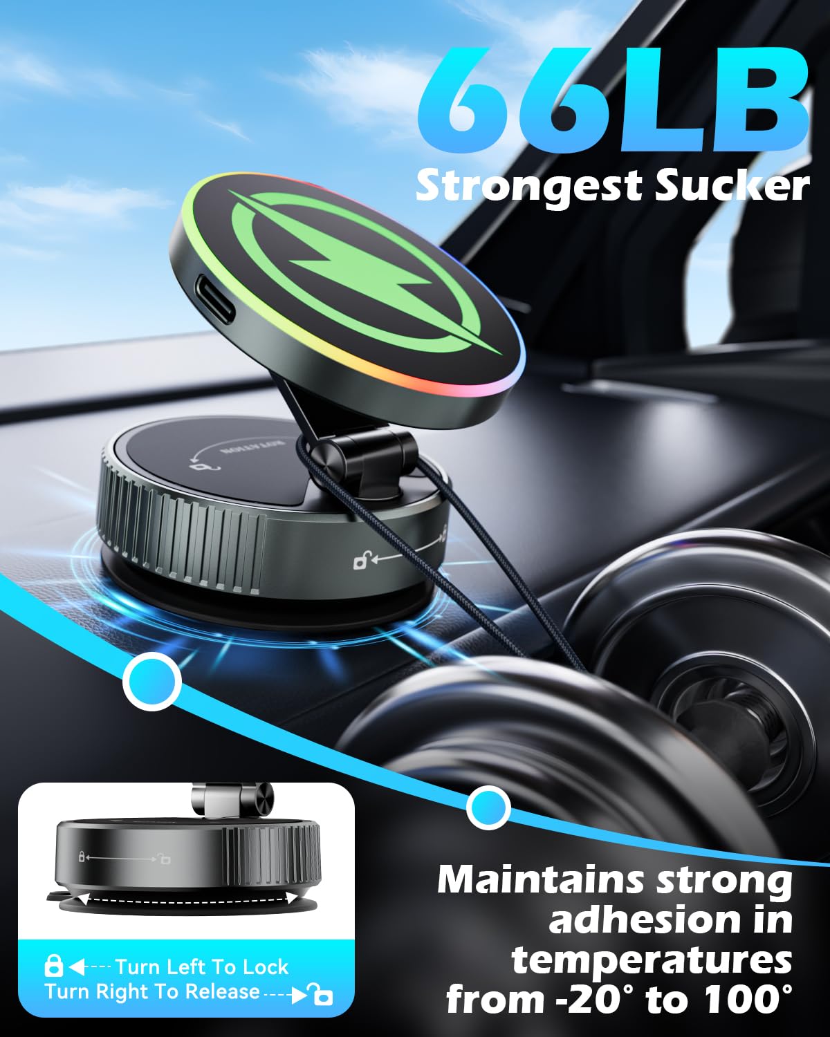 CloudValley Soporte Cargador MagSafe para Coche, Carga Inalámbrica Rápida 15W, Ventosa Vacío Giratoria 360°, Soporte Magnético con Luz RGB para iPhone 17/16/15/14/13/12/Salpicadero/Parabrisas
