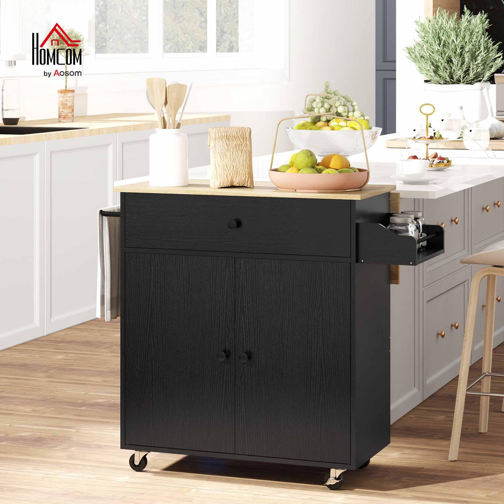 HOMCOM Îlot de cuisine avec aile rabattable, meuble d'appoint sur roulettes, 2 portes, tiroir, porte-serviettes et étagère ajustable, 106 x 42 x 87 cm, noir et chêne