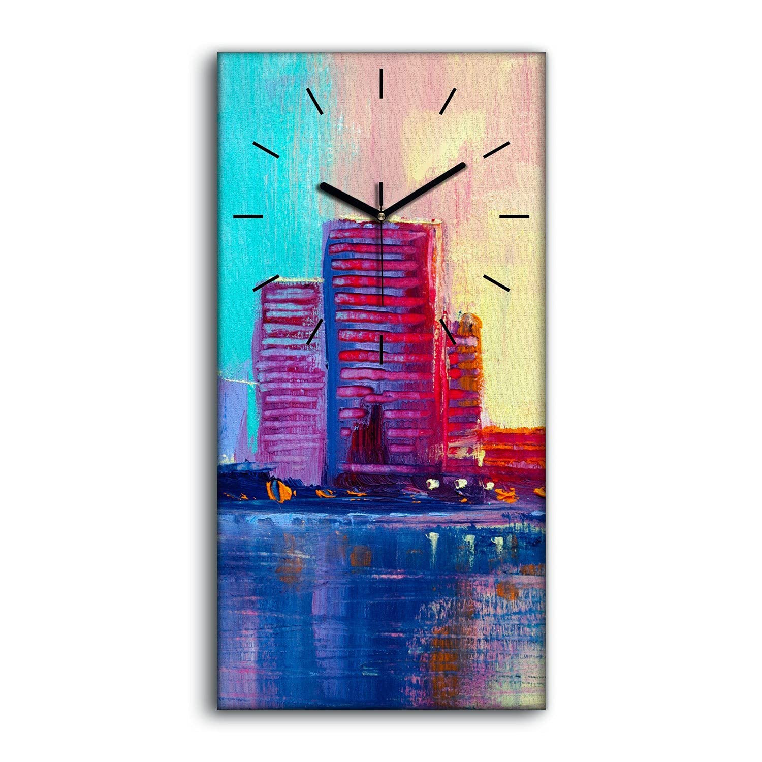 Horloge sur toile salon moderne au paysage urbain coloré avec aiguilles noires 30x60