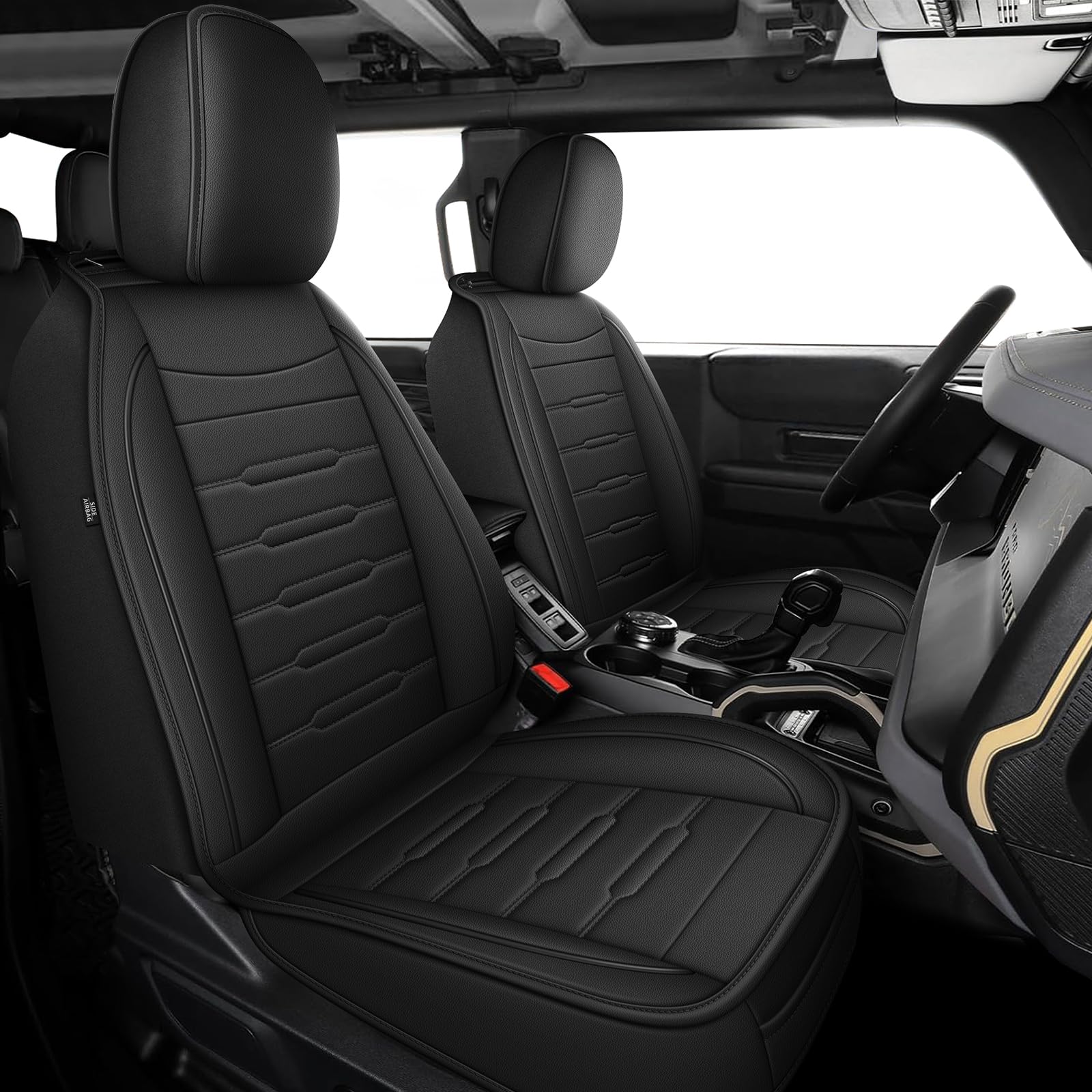 Car Seat Covers Custom Fit for 2 Door Ford Bronco 2021 2022 2023 2024 2025(Not for Sport) 1:1 Custom Leather Seat Covers Full Set Waterproof Seat Cover Sets(4Seat Black)