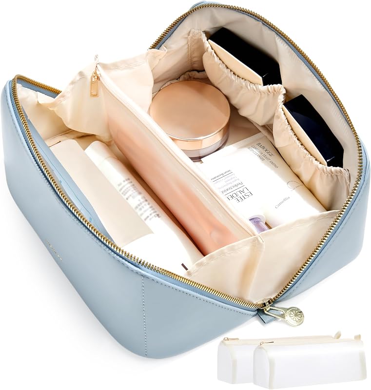 Necessaire de maquiagem SHOWKOO com abertura ampla, divisórias e 2 bolsas removíveis, Azul empoeirado