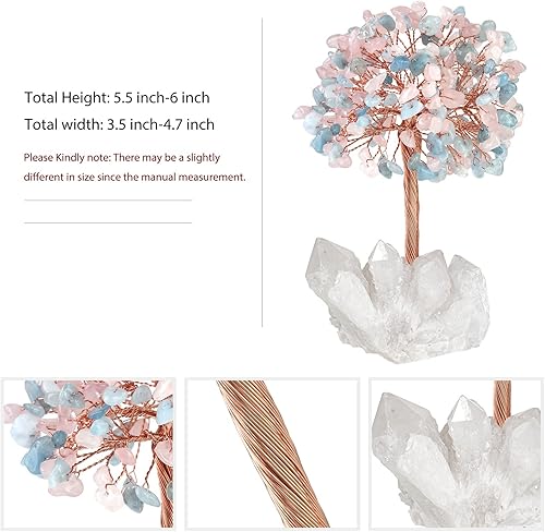 Miniatura 2 de Nupuyai Árbol de cuarzo rosa curativo y cristal aguamarina hecho a mano con racimo de cuarzo de roca, árbol de dinero bonsái de piedra energética,