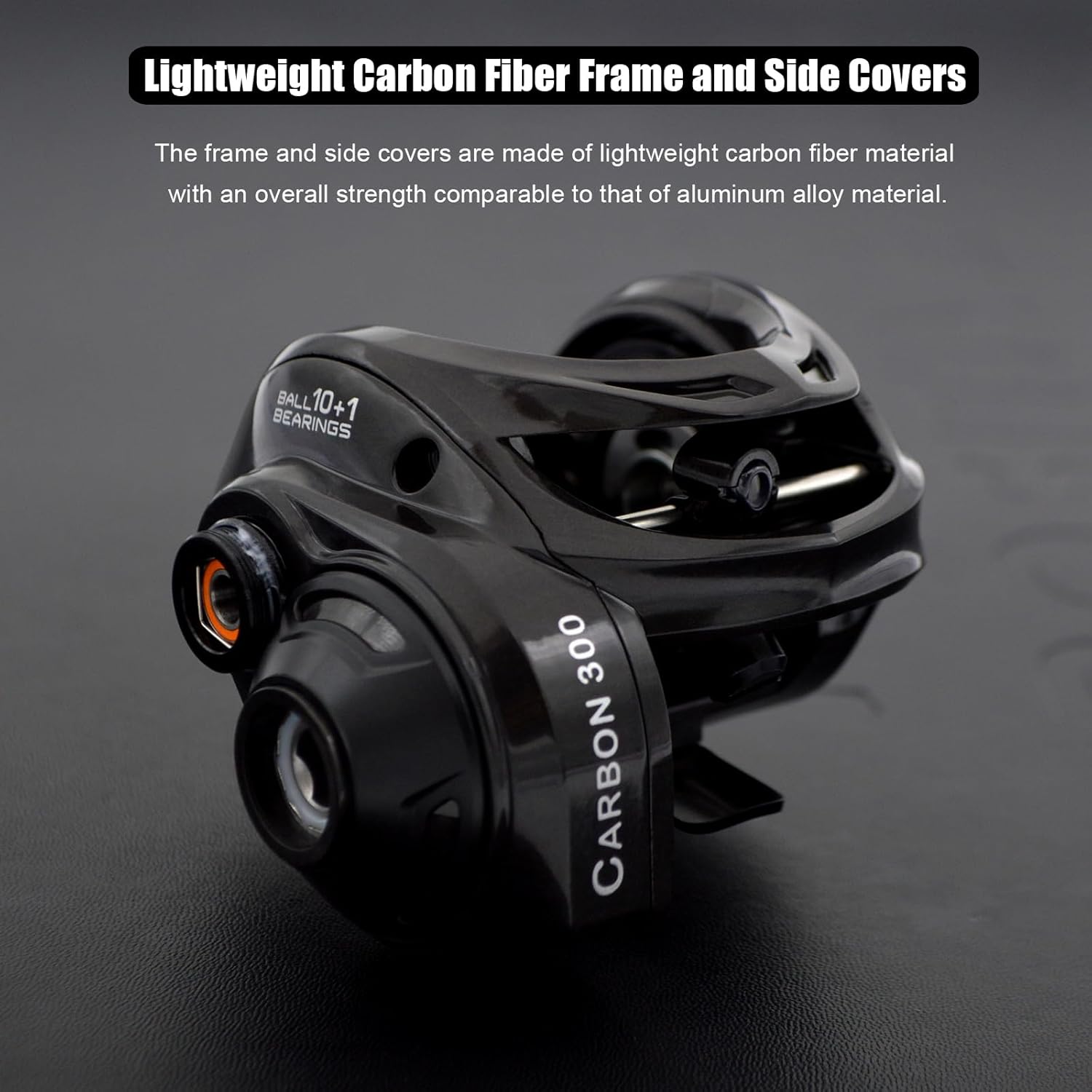Carbon 300 Baitcasting Fishing Reel, High Line Capacity Baitcaster Reels, 6.3:1 Gear Ratio, 10+1 Stainless Steel Ball Bearings, 10 Button Magnetic Brakes, Carbon Fiber Frame and Side Covers
