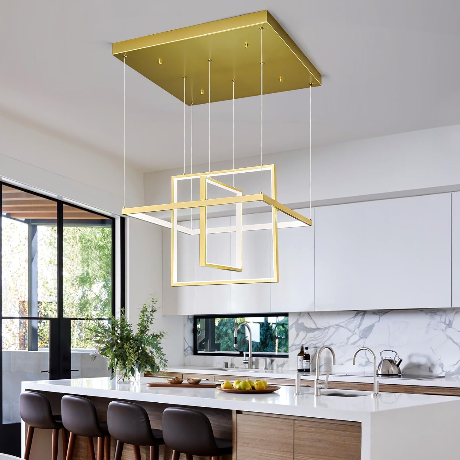 Modern LED Chandelier 3 Rings Square Gold Pendant Light Dimmable for Living Room Dining Room Bedroom Kitchen Island