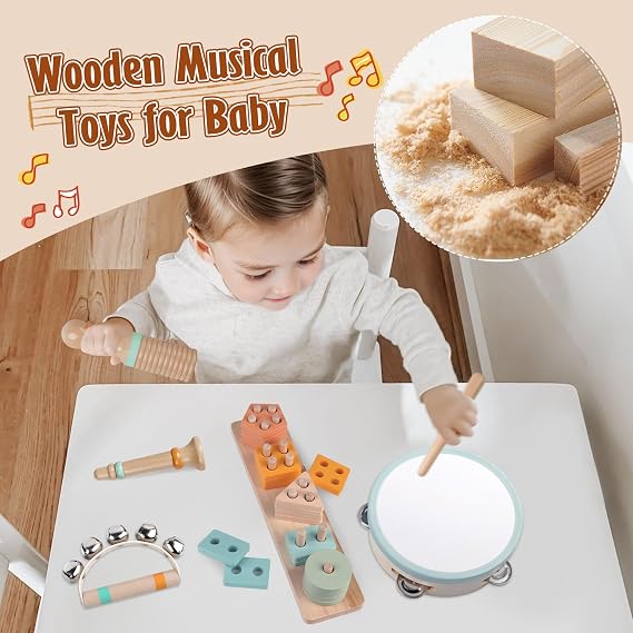 Musical Instruments Wooden for Kids 1-3 Year, Musical Toys for Toddlers 3-5 Year , Montessori Stacking Toys for Baby 6 to 12 Months, Percussion Instruments Music Toy Set for Preschool Educational