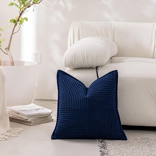 Miniatura 2 de Puncuntex Juego de 2 fundas de cojín de pana de 18 x 18 pulgadas  17.7 x 17.7 in., color azul marino, decorativas, cuadradas, suaves, cuadradas, a