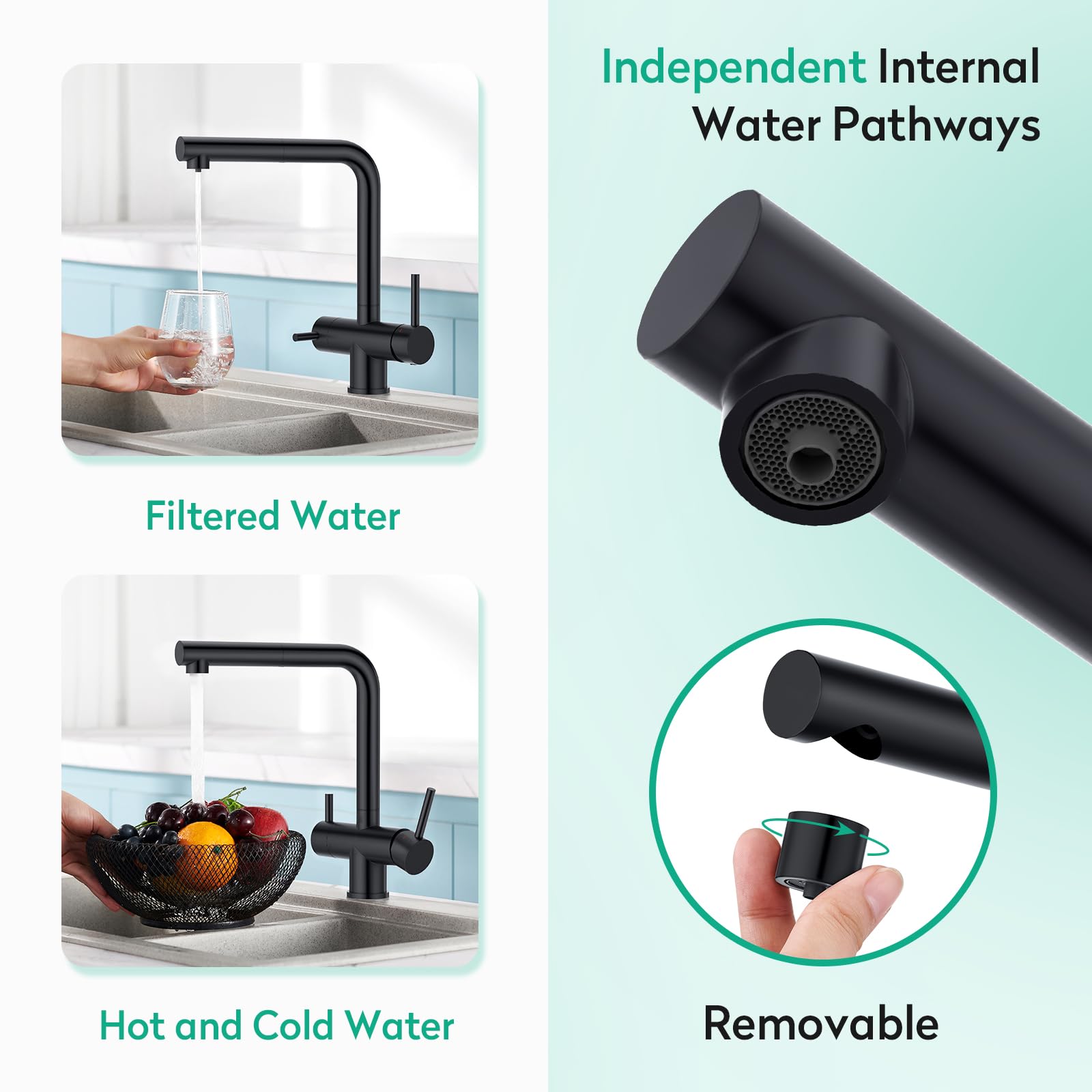 CREA Grifo Negro de Cocina de 3 vías con Ducha extensible, con 2 palancas | 3 en 1 Grifo de Agua Potable Para Cocina, Grifo mezclador de cocina, Grifo de Fregadero de Agua filtrada de ósmosis inversa