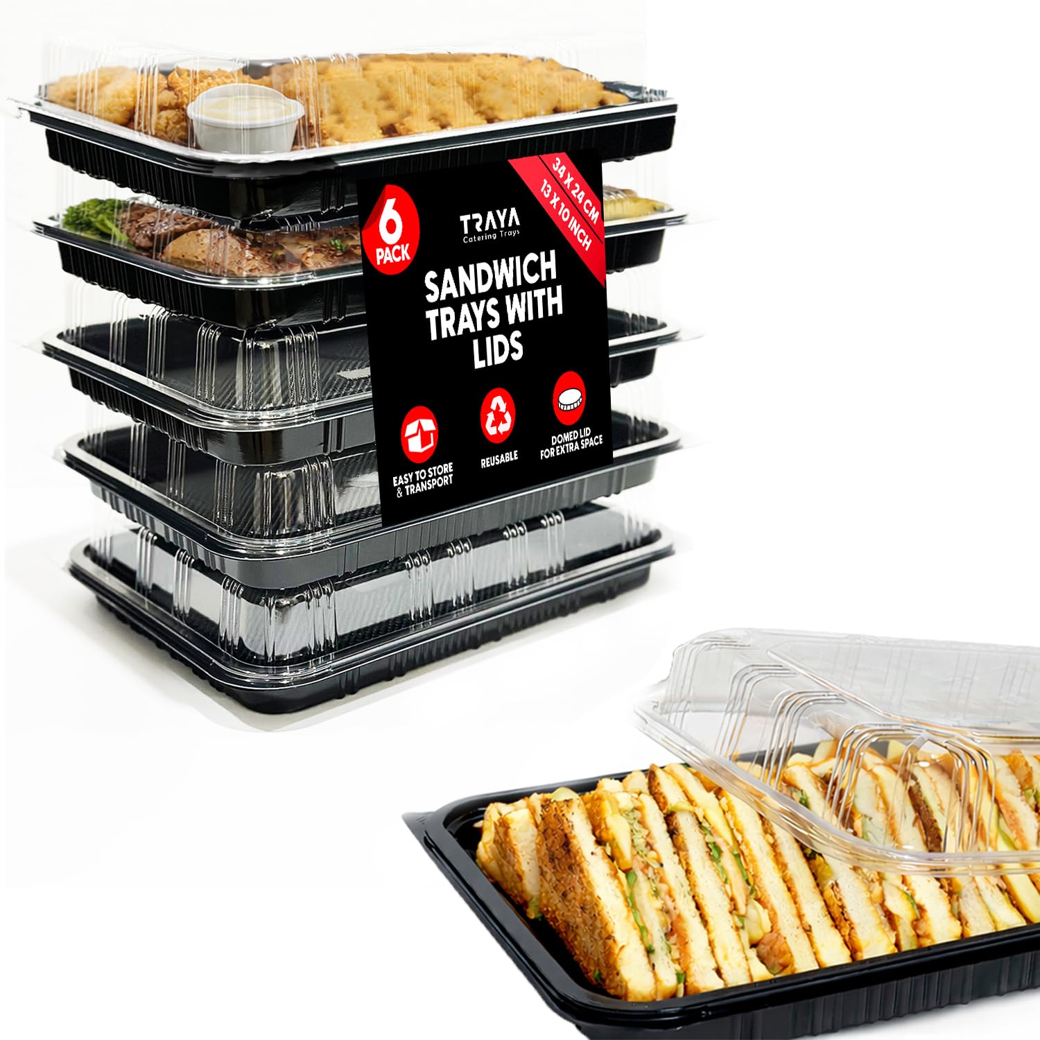 Traya Black/Clear Pack Of 6 Reusable Sandwich Platter Trays With Lids - Reusable Plastic Catering Trays With Lids For Meal Prep, Cakes, Treats And Sandwiches (34Cm X 24Cm X 7Cm)