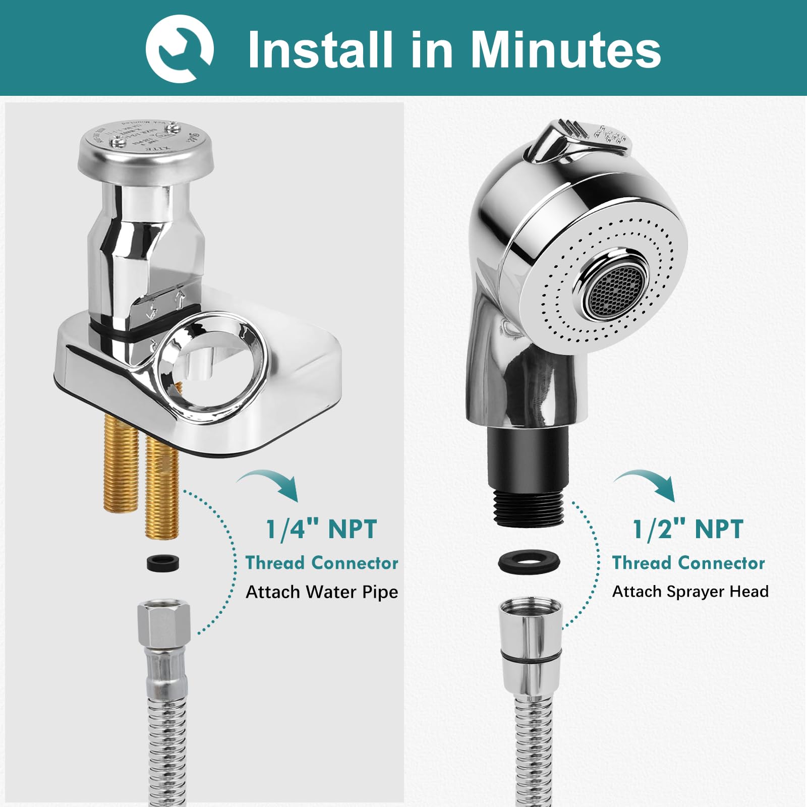 LukLoy Shampoo Bowl Hose Sprayer Kit – 1/4'' Nut Stainless Steel Salon Sink Replacement, With Sprayer Head For Salon Faucet