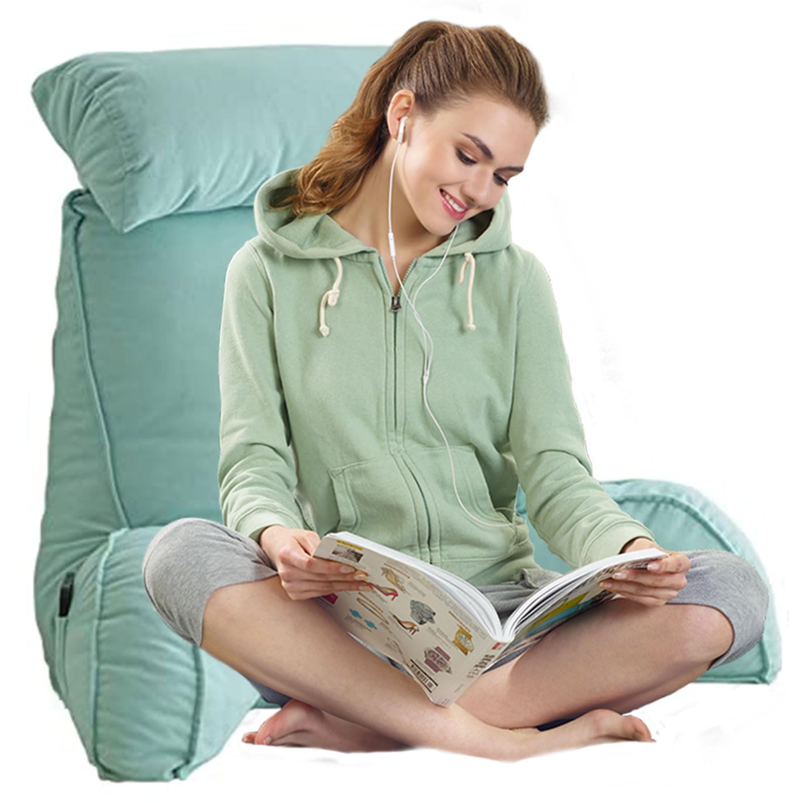 AMWTH Large Reading Pillow With Neck Roll,Soft Comfy Backrest Support Cushion,Lumbar Cushion,with Arms And Pockets,Washable Pillowcase,for Sitting In Bed,Reading,Gaming,Watching TV