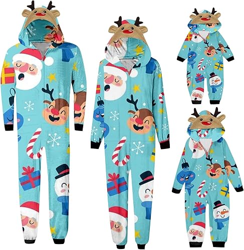 Pijamas de Navidad familiares a juego con forro polar para parejas, lindo reno árbol de Navidad, gráfico siamés con capucha
