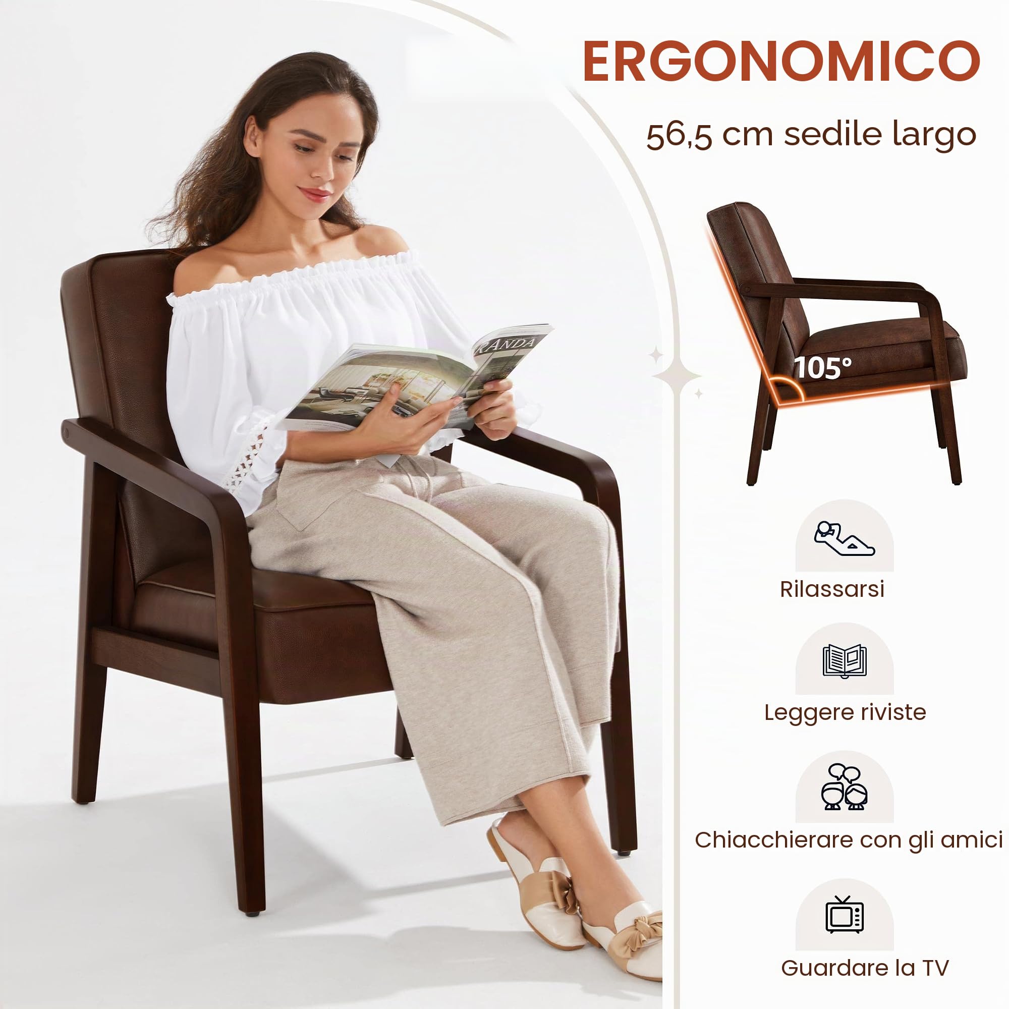 Yaheetech Poltrona da lettura vintage per soggiorno, camera da letto, ufficio, reception, home theater, balcone, marrone scuro