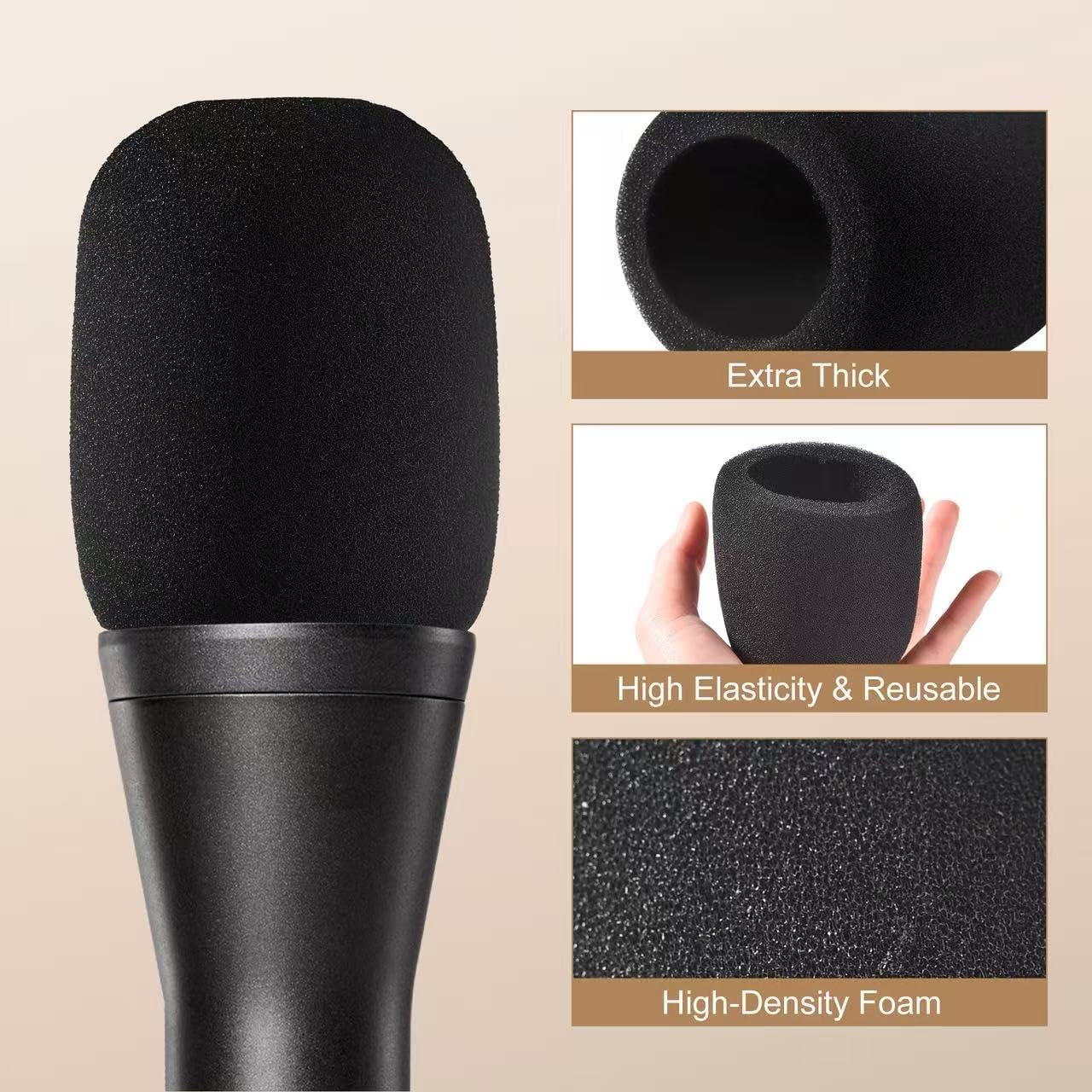 6 Pcs Premium Thick Foam Mic Covers, High-Density Sponge Microphone Windscreen, Universal Noise Reduction Pop Filter for Handheld Mics, Studio/KTV/Podcast Recording (Black) - Image 5